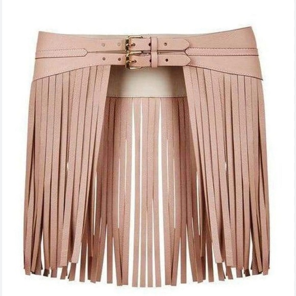BCBG Max Azria Faux Leather Fringe Belt Skirt – Color Bare – Size S – NWT - Picture 1 of 5